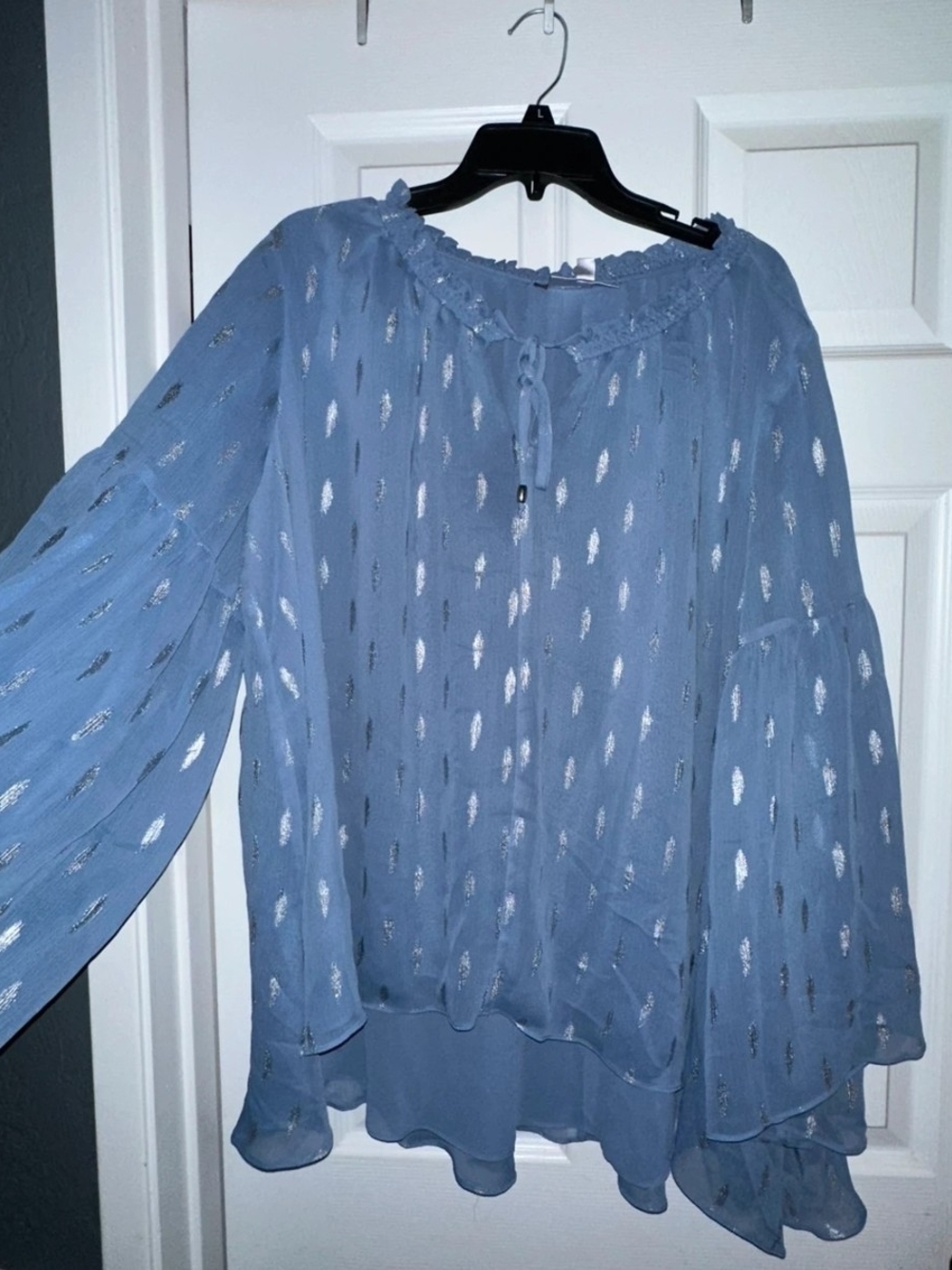 Jennifer Lopez Dusty Blue Metallic-Accent Peasant Top